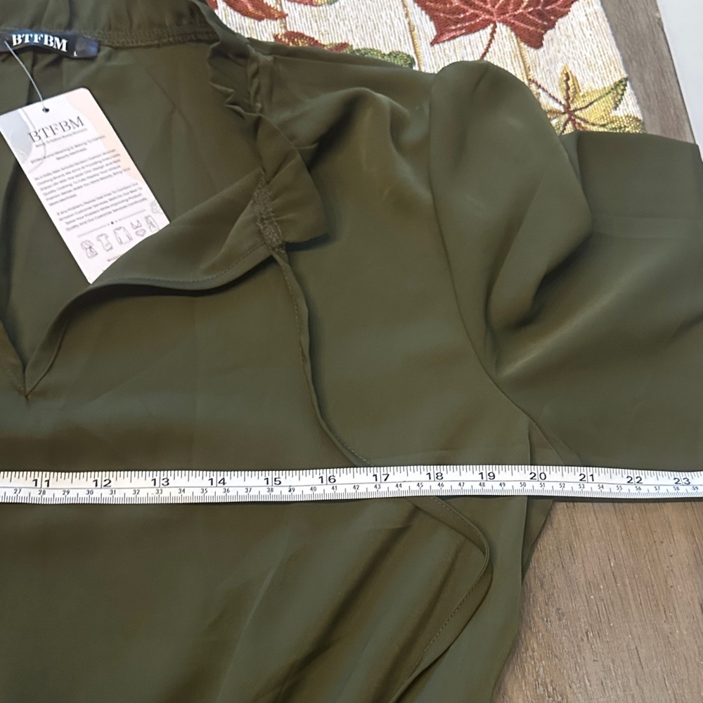 BTFBM Long Sleeve Green Casual Tie Neck Ruffle Tiered A Line Mini Dress, NWT - Picture 9 of 10
